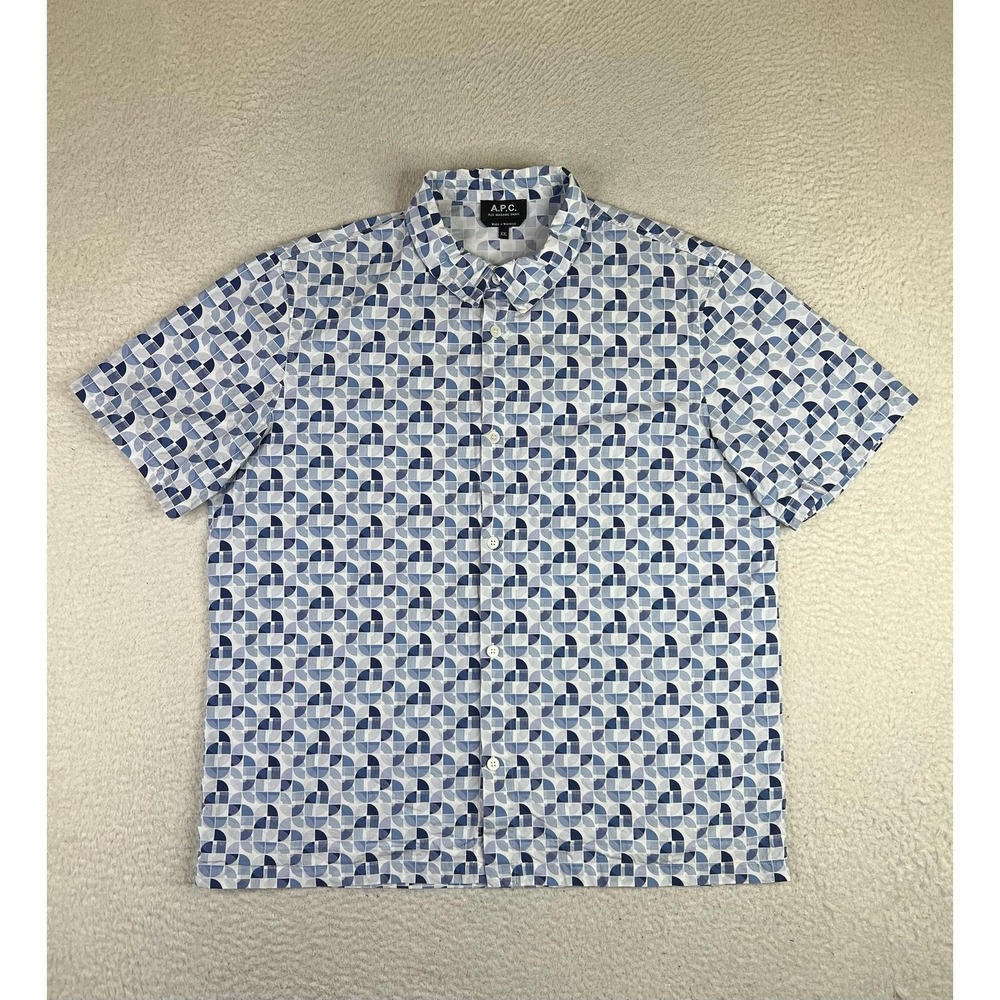A.P.C. Shirt Mens 2XL Blue Geometric S/S Button Up Cotton 23H1-COGEM-H12455